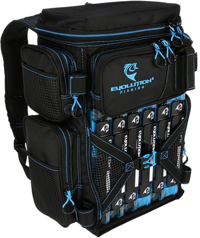 Evolution Fishing Drift Series Tackle Rucksack, Blau, 3600 Größe, Outdoor-Rucksack mit 6 Angelausrüstungsablagen, robuster Angelrucksack, Angeltasche