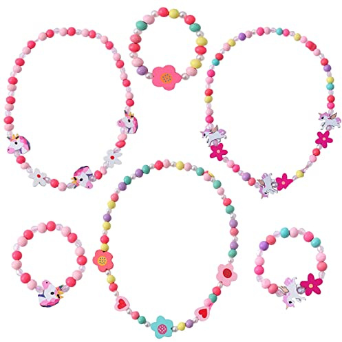 Booaee Set de 6 Piezas Collar y Pulsera Amistad con Colgante Unicornio - Colorida Joya de Madera para Niñas, Ideal para Regalos de Fiesta