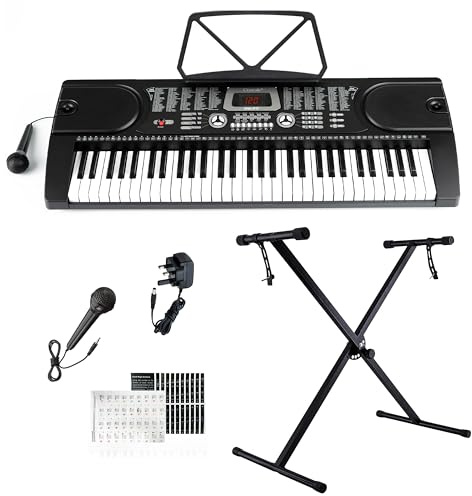 Crystals® 61 Keys Teaching Type Electronic Keyboard Digital Music Instrument Piano & Microphone with Keyboard Stand - Black (With Single Braced Stand)