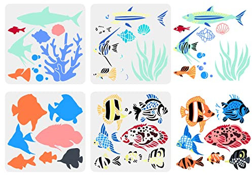 FINGERINSPIRE 4 Stück Mehrschichtige Meeresfisch Schablone 30x30cm Meerestiere Schablonen Kunststoff Koralle Fisch Muschelschale Muster Malschablone Für Wand, Möbel, Heimdekoration