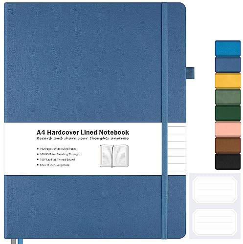 Lined Journal Notebook, 8.5 x 11 Hardcover Leather Notebook for Work, Wide Ruled Notebook Journal for Women Men, 192 Thick Paper, Lay Flat, 2 Pockets, A4 Large Journals for Writing, Blue Notebook