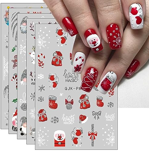 JMEOWIO Paillette Stickers Ongles Noel Nail Art 10 Feuilles Autocollants Ongles Autoadhésif Deco Ongle Nail Art Design Manucure