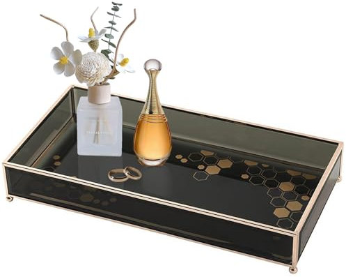 AIMIAO Kosmetiktablett, Schminktisch Tablett, Kosmetikorganizer Schwarz Glas, Rechteckiges Dekotablett, Parfüm Organizer, Deko Tablett Kerze, Make up Organizer