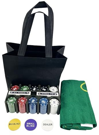 Poker-Set, Metallbox oder Stofftasche, 200 Pokerchips, 2 Decks, Dealer-Knopf, kleiner Blind, Big Blind, Spielmatte (Stoffbeutel)