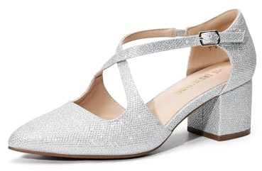 DREAM PAIRS Women's Chunky Heels Dress Pumps Closed Pointed Toe Comfort Cross Strap Block Heel Shoes for Party Dance Wedding,Size 6,Silver-Glitter,SDPU2409W