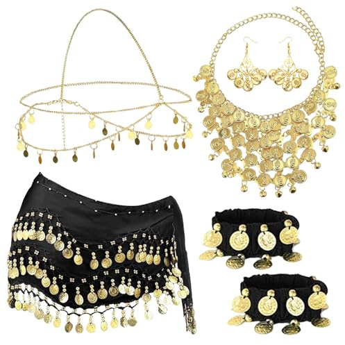 SOETDERT Ceinture Danse Orientale, 7 Pcs Costumes de Danse du Ventre, Paillettes Foulard Danse du Ventre, Collier Bracelet Bijoux de Tête, Belly Dance Serviette Hanche Danse Costume Accessoires