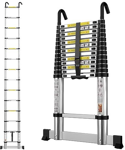 Telescopic Ladder 4.1M Aluminium Extension Extendable Loft Ladder with Stabilizer Bar and Detachable Hooks, Portable Folding Ladders