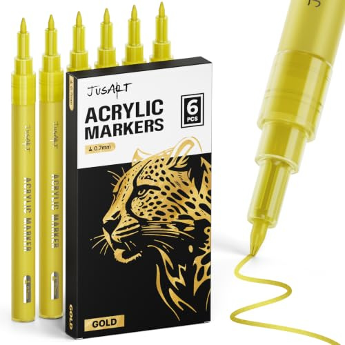 JusArt 0.7mm Fine Point Gold Acrylic Paint Pen, 6 Pack | Gold Marker for Rock Painting, Art Projects, Ceramic, Glass, Wood, Metal, Fabric, DIY, Ideal for Art Supplies