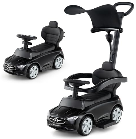 COSTWAY 3 in 1 Auto a Spinta, Mercedes-Benz Macchina Cavalcabile, con Schienale Regolabile Suono Barra di Spinta e Tettuccio, per Bambini 18-36 Mesi (Nero)