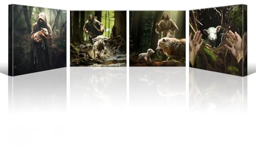 Artscope 4 Pieces Wall Art Canvas Prints - Jesus and Lamb Guard Picture Painting - God Religious Belief Wall Artwork for Church Bedroom Living Room Home Decor - 30 x 30 CM