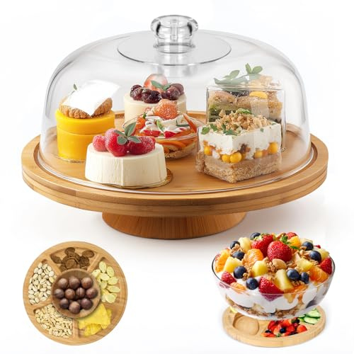Masthome Cake Stand with Dome Lid, Wood Cake Plate with Acrylic Dome, Multifunctional Wooden Cake Display Stand with Cover for Birthday Kitchen Party Wedding
