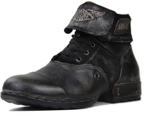 osstone Bottes de Moto Cowboy pour hommes Mode Bottes Chukka en cuir Chaussures décontractées d'équitation OS-5008-8-K-FR，Pliable Vintage Noir,US10(EU44)