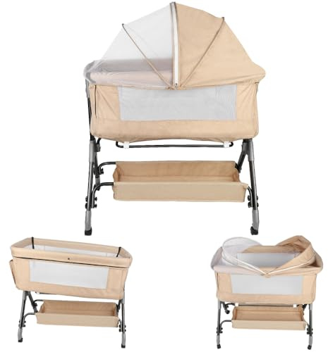homewell 2-i-1 sidosäng för baby & babyvagga med myggnät, 4 höjdinställning och lutningsjustering, hopfällbar babysäng, för hem och på vägen (ljusrosa)