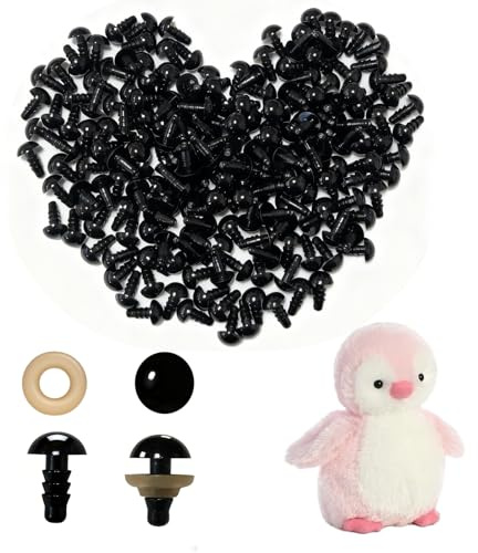 200 pezzi occhi di sicurezza 8 mm con rondelle per amigurumi, pupazzi, bambole e progetti fai-da-te, occhi plastica neri, accessori uncinetto, cucito, feltro, bricolage e artigianato creativo