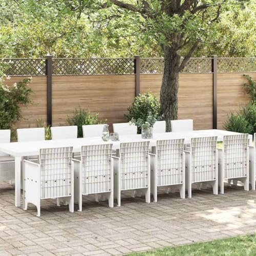 LoogCape Garden Dining Set with Cushions, 15 pcs White PP Poly Rattan Outdoor Furniture, Weather-Resistant Patio Seating for Large Groups, Easy Assembly