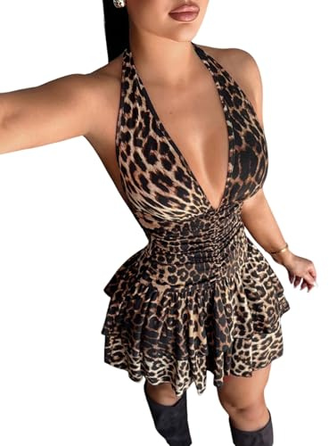 SweatyRocks Leopardo Abito da donna corto senza maniche, con scollo a V, per feste, clubwear, linea A, per il tempo libero, Leopardo, M