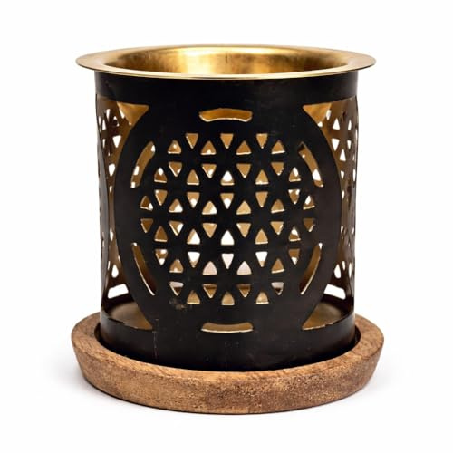 XdeliX Aromalampa livets blomma gjord av metall med träunderlägg 9 x 8,5 cm, 125 g – doftlampa för eteriska oljor, värmeljus doftlampa för meditation, yoga och andlig dekoration