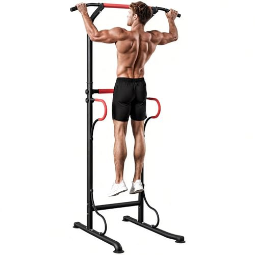 HOMCOM Power Tower Dip Station, Barra per Trazioni Power Tower Stazione Fitness Multifunzione con Altezza Regolabile 171-219cm, Nero Rosso
