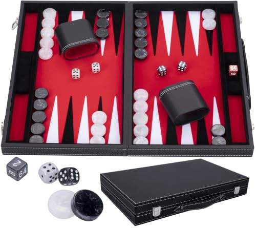 Engelhart - 250507 - Luxury Backgammon - Red - 38 cm - 15 Inches - Faux Leather - Felt Inlay - Pearl Dice and Chips + 2 Cups - Strategy - Backgammon Game