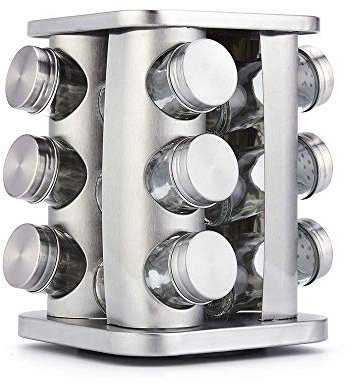 Carrousel à épices pour 12 Pots à épices, présentoir à épices en INOX Finition cuivrée-chromée, étagère à épices, Porte-épices, Rangement Autonome pour la Cuisine, 10,5 x 21 cm (Argent)