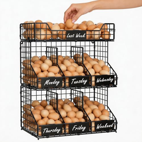 X-cosrack Egg Holder Countertop, 3 Tier Egg Rack with Labels Dividers to Separate Eggs, Stackable Wire Baskets for Fresh Egg, XXL Egg Dispenser for Countertop/Wall-Mounted (Patent Pending)