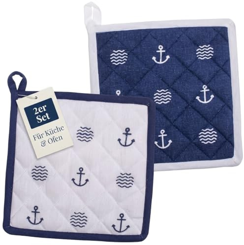 Set di 2 presine, guanti da forno, resistenti al calore, lavabili, per cucinare (20 x 20 cm, marittimo moderno)