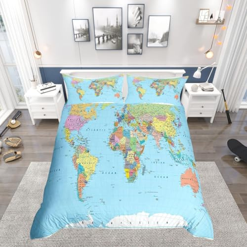 Homewish World Map Duvet Cover Single, Multicolored Bedding | 3D Geography Blue Ocean Quilt Cover 2 Piece, America Europe Asia Africa Bed Sets