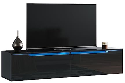 SONNI Fernsehtisch Schwarz, TV-Schrank Hochglanz, Griffloses Design, TV-Regal für Fernseher bis zu 65 ZollZwei Montagemöglichkeiten, Hängend und Stehende, 140x35x30cm.