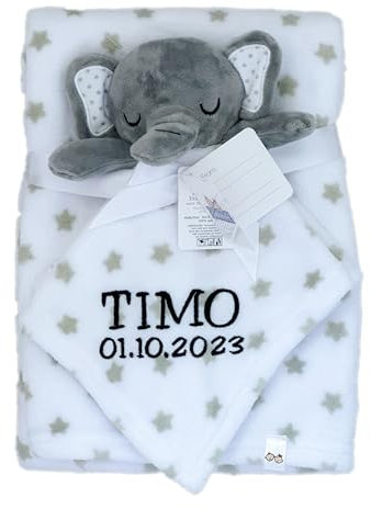 KIDDI-MEDIA Babydecke inklusive Trösterchen mit Name und Geburtsdatum Bestickt/kuschelig weich / 1A Qualität (Grau Elefant Sterne)