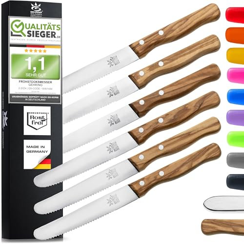 SOLINGEN| Frühstücksmesser & Brötchenmesser - Tafelmesser & Brotzeitmesser - Wellenschliff | Made in Germany, rostfreie, eisgehärtete & scharfe Messer/Serie LOOK - (Olivenholz)