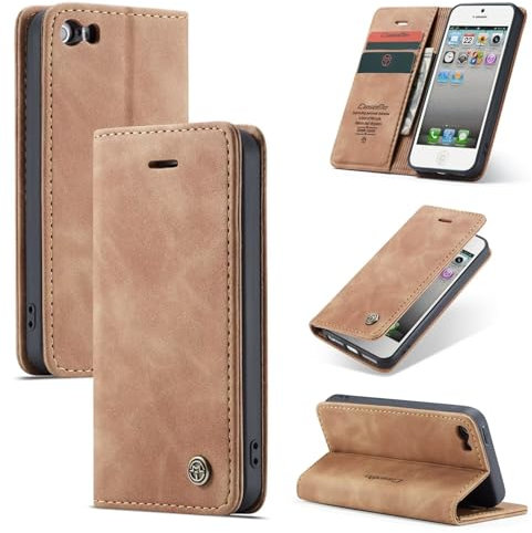 SLWYF Handyhülle für iPhone 5/5S/iPhone SE 2016 Hülle, PU Leder Flip Tasche Klappbar Magnet Wallet Lederhülle, Silikon Bumper Klapphülle Case mit Kartenfäch für iPhone 5/5S/iPhone SE 2016, Braun