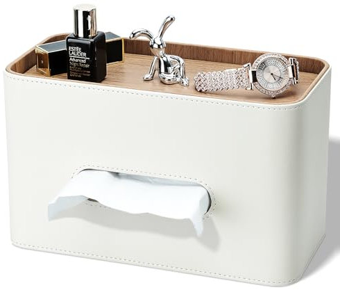 GORESE Kosmetiktücherbox mit Tray,Leder Taschentuchbox Papiertaschentuchhalter Tissue Box für Büro, Zuhause, Auto, Badezimmer, Tücherbox Taschentuchspender mit Ablage für Kleinigkeiten(Weiß)