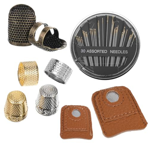 Prasacco 8 Stück Nähen Fingerhut Set, Leder Fingerhut Verstellbare Nähfingerhutringe aus Metall Finger Schutz Fingerhut mit Stichplatte für Handnähen, Handwerk Stickerei für Haushalt Fingerlinge