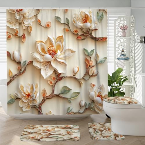 DESIHOM 4PCS Paper Quilling Art Magnolia Shower Curtain 72''x72'' with Hooks, Bathroom Accessory Sets with Bath Mat, U Shape and Toilet Lid Cover Mat, 3D Flower Home Fabric Decor