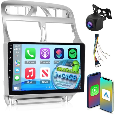 [2+64G]13 Android-bilradio för Peugeot 307 307CC 307SW 2002–2013 med trådlös Carplay och Android Auto – 9 tum pekskärmsradio med WiFi DSP FM/RDS-radio SWC+ AHD backup-kamera