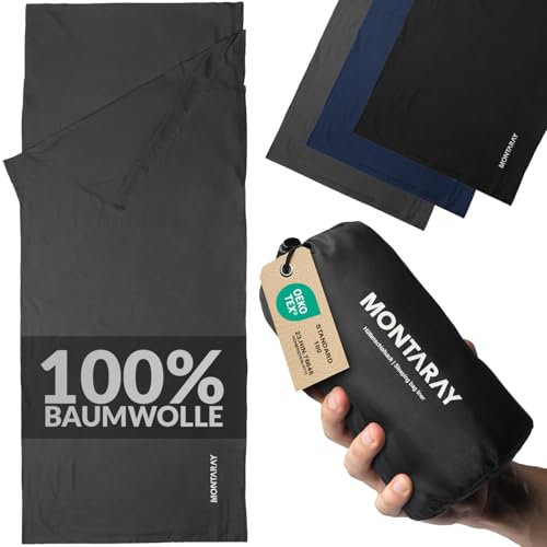 Hüttenschlafsack Baumwolle – Doppellagig, kleines Packmaß Weich & Hautfreundlich mit Kissenfach, Augenmaske & Ohrstöpsel – Atmungsaktiv & Kompakt, 220x90cm – Ultraleicht für Hütte & Reise Gry