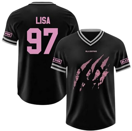 Maillot de Baseball imprimé Noir et Rose Kpop Lisa Jennie Jisoo Rose, t-Shirt de Baseball Hip-hop à col en V pour Les Fans de Musique 01-4 S