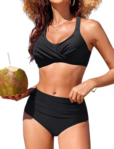 RITOSTA Maillot de Bain Femme 2 Pieces Bikini Set Taille Haute Maillots Deux Pièces Rembourré Push Up Bikinis Col en V Classique Swimwear Élégant pour Vacances Plage Piscine(Noir,XL)