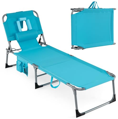 COSTWAY Tumbona Plegable, Agujeros para Cara y Brazos (Turquesa) | Tumbona Reclinable Respaldo Ajustable de 5 Niveles, Bolsillos y Almohada, Espreguiçadeira Jardim Playa Piscina, Carga 150kg
