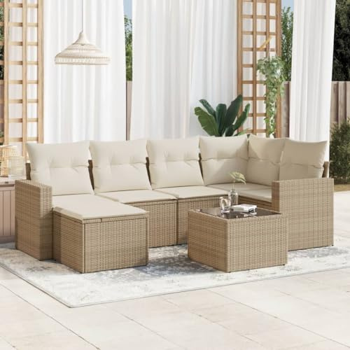 WEMYUFURN Set di 7 divani da giardino beige con cuscini, divano da giardino modulare in rattan PE, gruppo sedute con piano in vetro e borsa portaoggetti idrorepellente