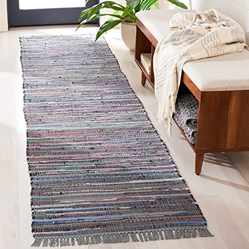 SAFAVIEH Rag Rug Collection Runner Rug - 2'3 x 6', Aqua & Multi, Handmade Boho Stripe Cotton, Ideal for High Traffic Areas in Living Room, Bedroom (RAR121K)