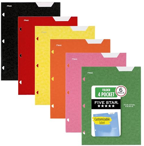 Five Star 4-Pocket Folder, 6 Pack, Paper Folder, Fits 3-Ring Binders, Holds 8-1/2 x 11 Paper, Assorted Colors (38056)