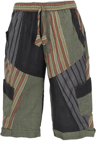 GURU SHOP Patchwork Yogahose, Goa Hose, Goa Shorts - Schwarz/grün, Herren, Baumwolle, Size:L