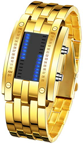 Binary Matrix Blue LED Digital Watch Mens Classic Creative Fashion Black Plated Wrist Watches (Gold)
