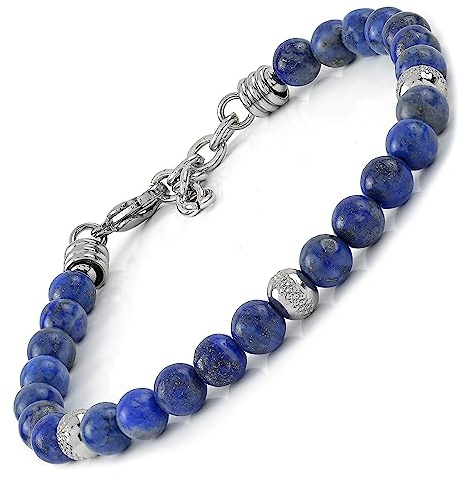 10:10 Bracciale Uomo Donna Con Pietre Naturali Lapislazzuli Da 6 mm, Beads In Acciaio Inox Diamantati - Stile Minimal e Casual - Regolabile, Elegante, Resistente - Made In Italy