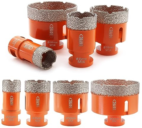 BGTEC - Set di 4 punte per trapano diamantate a secco, per piastrelle in porcellana, ceramica, marmo, mattoni, filettatura M14, 25/35/50/68 mm