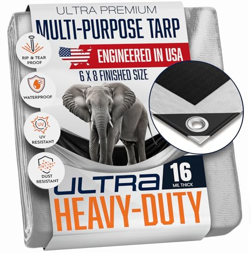 6x8 Ultra Heavy Duty Tarp, Extra Thick 16 Mil, UV Resistant, Grommets Every 18 Inches - Waterproof Plastic Poly Tarpaulin - (Reversible, Silver and Black) (6' x 8')