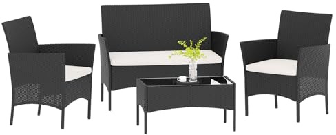 bigzzia Set di Mobili da Giardino, Salottino in Rattan 4 Sedili con Tavolo, 2 Poltrone e Divano 2 Posti, Nero