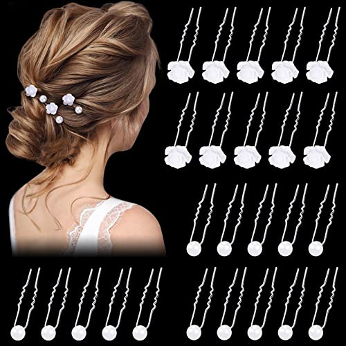 25 Pezzi Forcine per Capelli Sposa, Accessori Capelli Sposa Forcine per Capelli di Rosa Bianca Perla, Capelli con Perlé a Forma di U per Matrimoni, Spose, Damigelle, Anniversari e Comunione