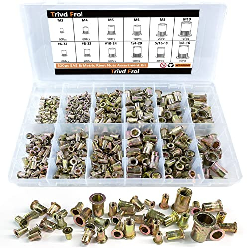 Trivd Frol Rivet Nut Tool Kit, 520pcs SAE & Metric Rivet Nut Assortment Kit w Galvanized Carbon Steel Flat Head Threaded Insert Nuts, Sizes 6-32 8-32 10-24 1/4-20 5/16-18 3/8-16 M3 M4 M5 M6 M8 M10